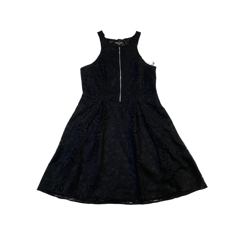 Express Black Floral Lace Halter Zip Front Fit Flare Dress Goth Size 10